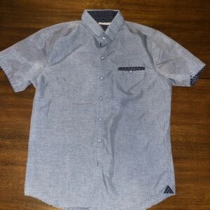 Light Blue Short-Sleeve Button-Down Shirt with Pattern Trim